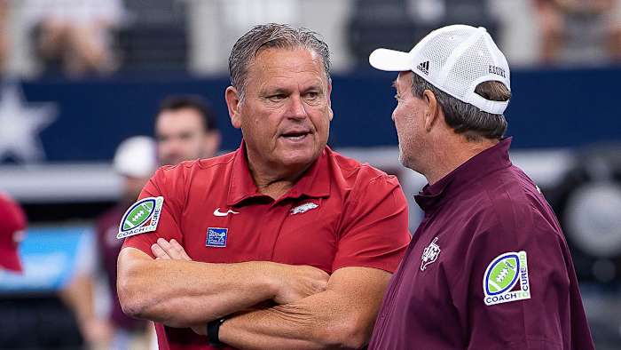 Razorbacks Sam Pittman, Texas A&M coach Jimbo Fisher before game in 2021